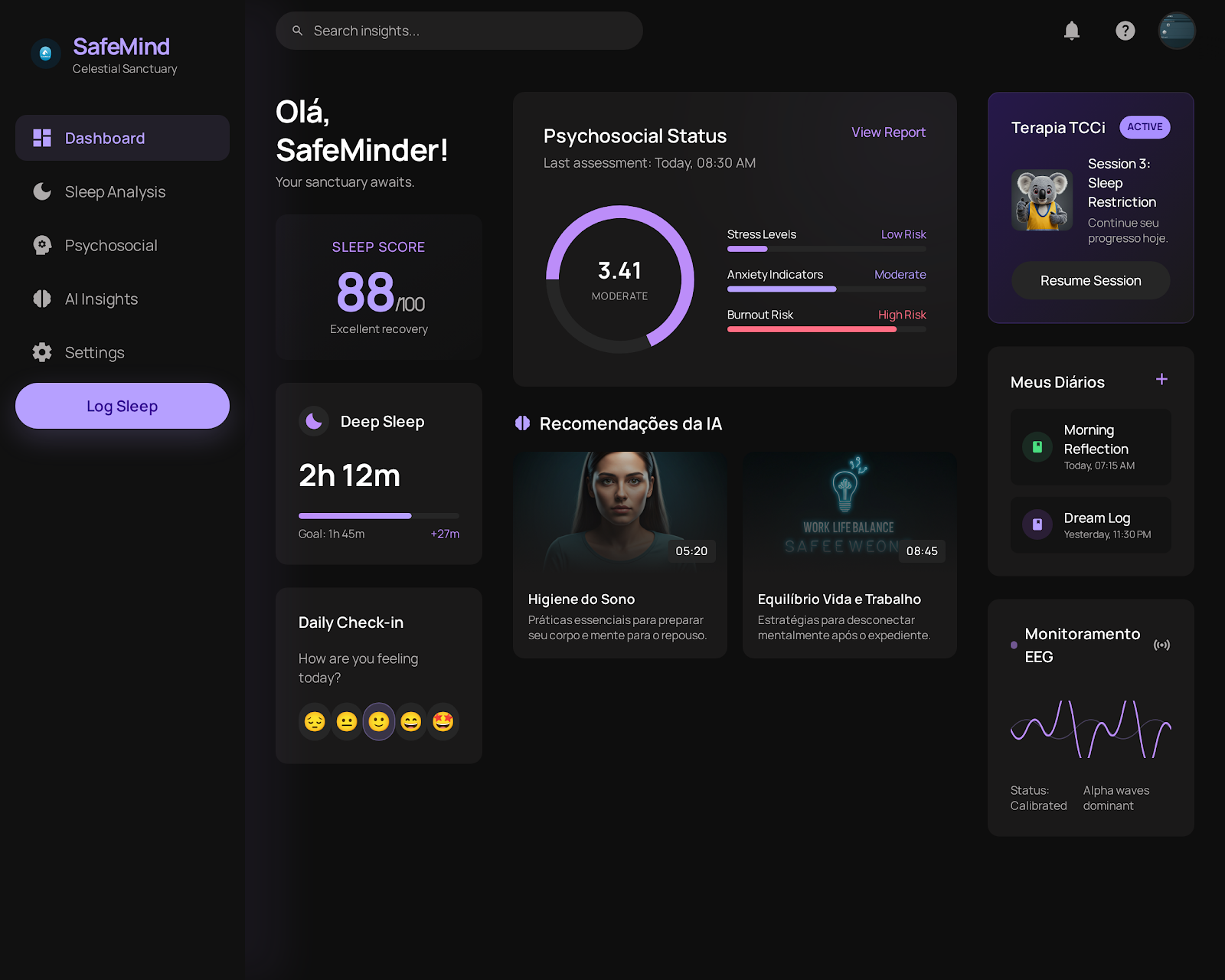 Dashboard do SafeMind com panorama de riscos psicossociais, status e recomendações de IA